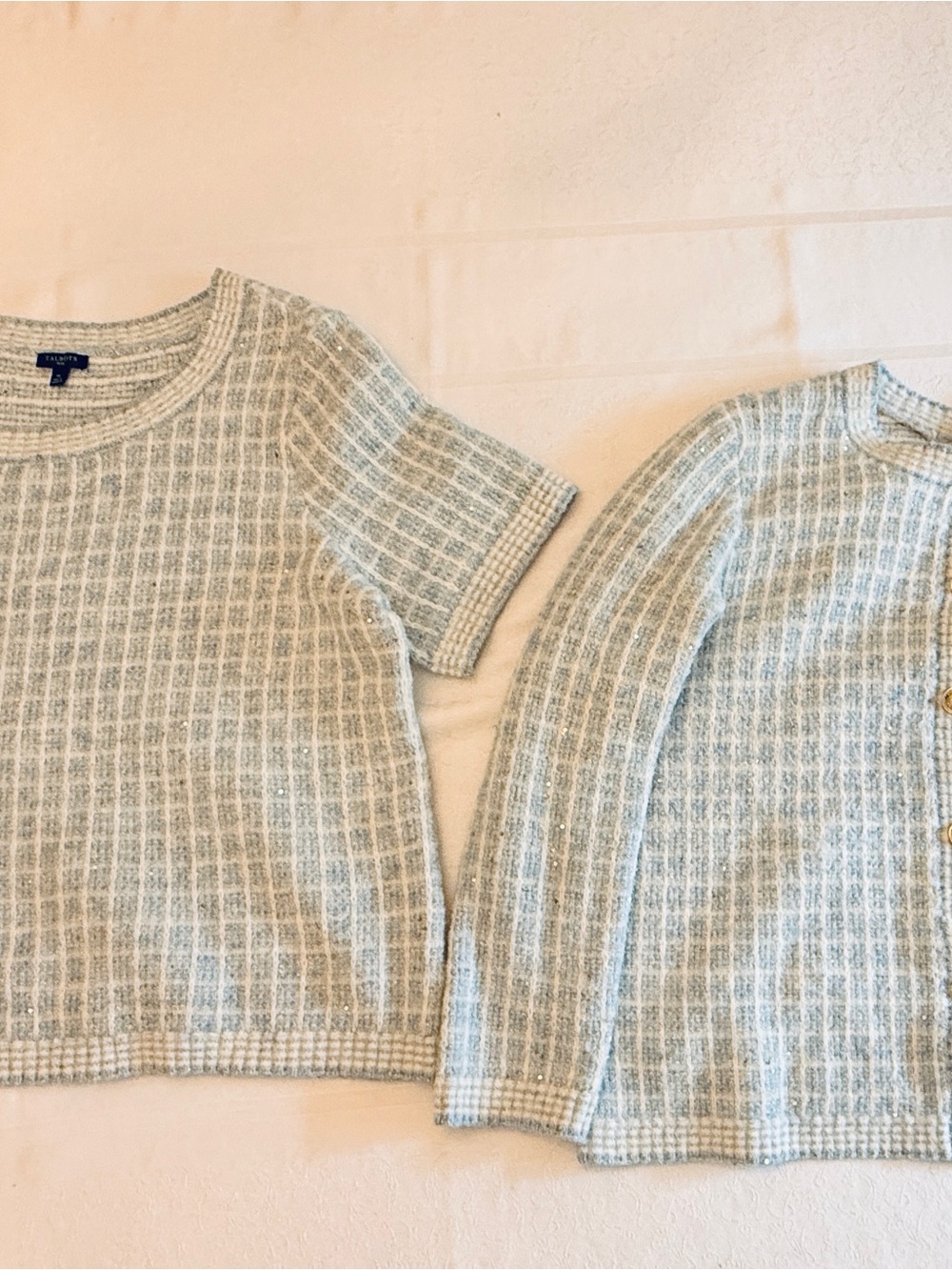 Talbots Cardigan Set in Light Blue and Cream with Gold Buttons
